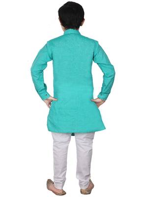 Aqua Blue Self Design Cotton Boys Cut Kurta Pajama Set 3