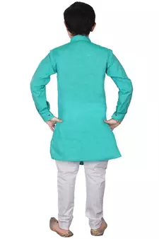 Aqua Blue Self Design Cotton Boys Cut Kurta Pajama Set