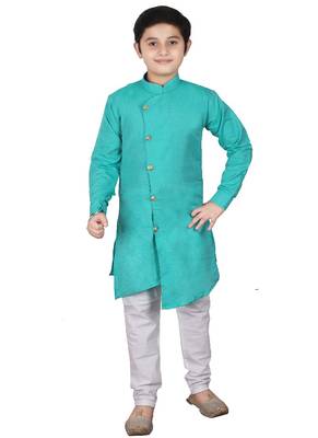 Aqua Blue Self Design Cotton Boys Cut Kurta Pajama Set 4