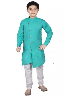 Aqua Blue Self Design Cotton Boys Cut Kurta Pajama Set
