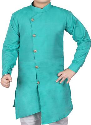 Aqua Blue Self Design Cotton Boys Cut Kurta Pajama Set 5