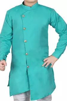 Aqua Blue Self Design Cotton Boys Cut Kurta Pajama Set