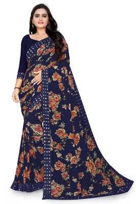 Blue printed georgette saree with blouse 1