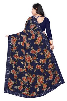 Blue printed georgette saree with blouse 2