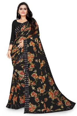 Black printed georgette saree with blouse 1