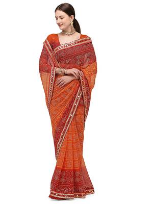 Red Printed Georgette Saree With Blouse 1