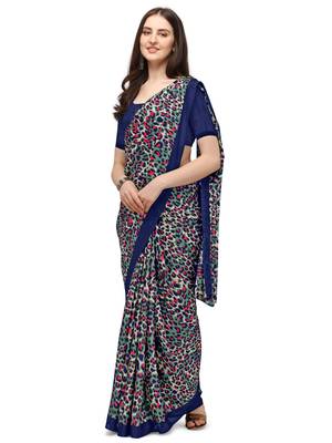 Blue printed georgette saree with blouse 1