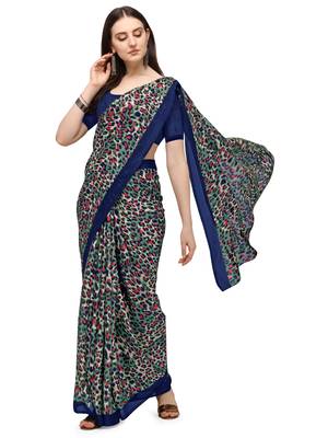 Blue printed georgette saree with blouse 2