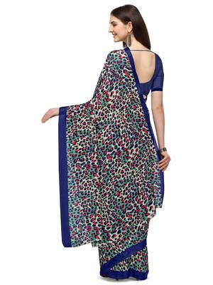 Blue printed georgette saree with blouse 3
