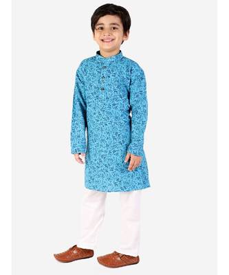 Blue Floral Print Cotton Kurta Pajama Set For Kids 1