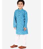 Blue Floral Print Cotton Kurta Pajama Set For Kids
