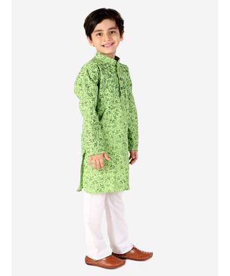 Green Floral Print Cotton Kurta Pajama Set For Kids 3