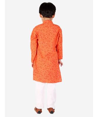 Orange Floral Print Cotton Kurta Pajama Set For Kids 3