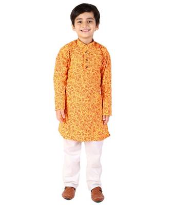Yellow Floral Print Cotton Kurta Pajama Set For Kids 1