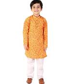 Yellow Floral Print Cotton Kurta Pajama Set For Kids