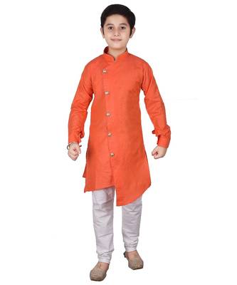 Orange Self Design Cotton Boys Cut Kurta Pajama Set 1