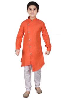 Orange Self Design Cotton Boys Cut Kurta Pajama Set