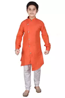 Orange Self Design Cotton Boys Cut Kurta Pajama Set
