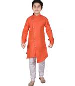 Orange Self Design Cotton Boys Cut Kurta Pajama Set
