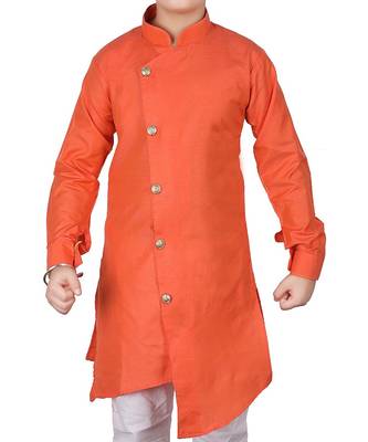 Orange Self Design Cotton Boys Cut Kurta Pajama Set 2