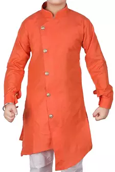 Orange Self Design Cotton Boys Cut Kurta Pajama Set