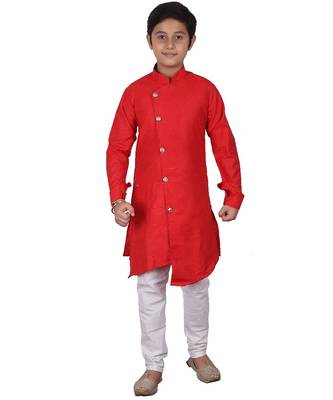 Red Self Design Cotton Boys Cut Kurta Pajama Set 1