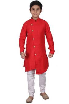 Red Self Design Cotton Boys Cut Kurta Pajama Set