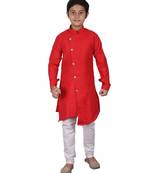 Red Self Design Cotton Boys Cut Kurta Pajama Set