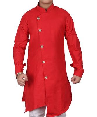 Red Self Design Cotton Boys Cut Kurta Pajama Set 2