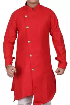 Red Self Design Cotton Boys Cut Kurta Pajama Set