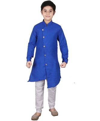 Royal Blue Self Design Cotton Boys Cut Kurta Pajama Set 1