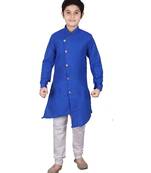 Royal Blue Self Design Cotton Boys Cut Kurta Pajama Set