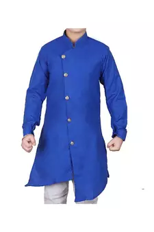 Royal Blue Self Design Cotton Boys Cut Kurta Pajama Set