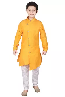 Yellow Self Design Cotton Boys Cut Kurta Pajama Set
