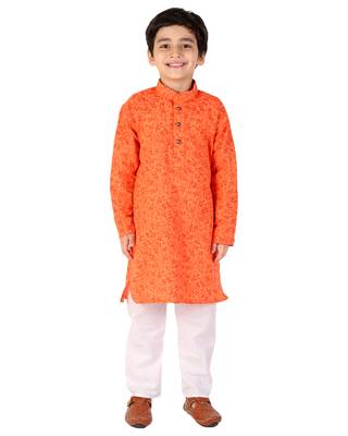 Orange Floral Print Cotton Kurta Pajama Set For Kids 1