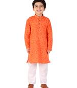 Orange Floral Print Cotton Kurta Pajama Set For Kids