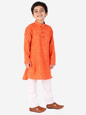 Orange Floral Print Cotton Kurta Pajama Set For Kids 4