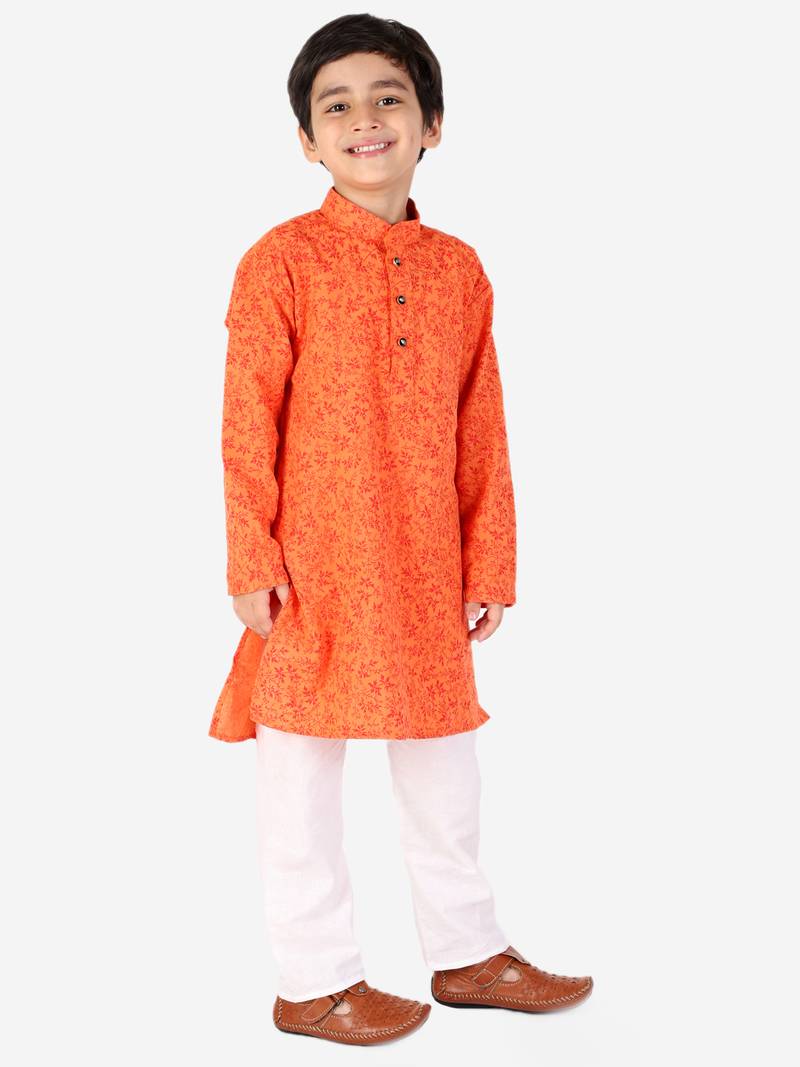 Orange Floral Print Cotton Kurta Pajama Set For Kids