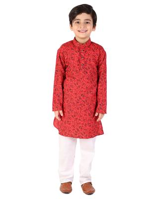 Maroon Floral Print Cotton Kurta Pajama Set For Kids 1