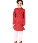 Maroon Floral Print Cotton Kurta Pajama Set For Kids