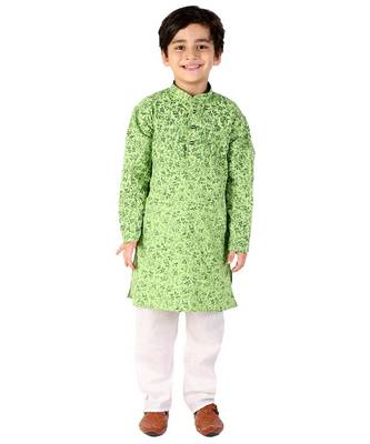 Green Floral Print Cotton Kurta Pajama Set For Kids 1
