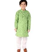 Green Floral Print Cotton Kurta Pajama Set For Kids