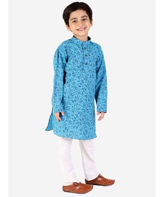 Blue Floral Print Cotton Kurta Pajama Set For Kids 3