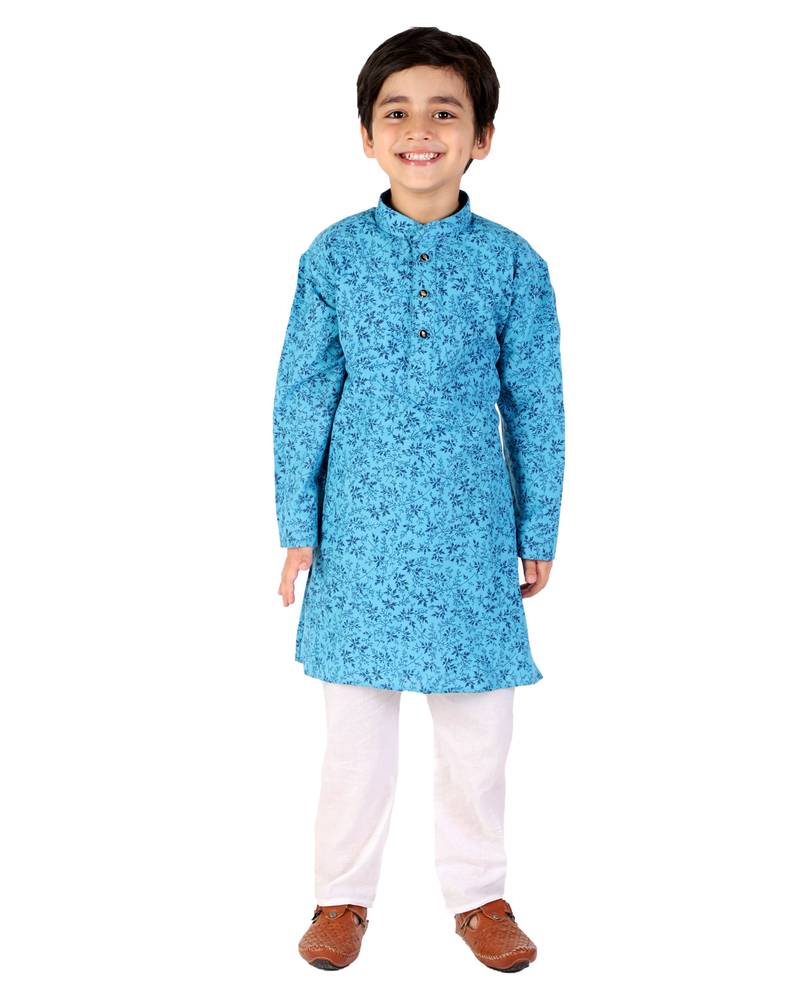 Blue Floral Print Cotton Kurta Pajama Set For Kids