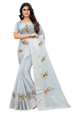 Grey embroidered cotton saree with blouse 1
