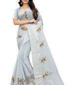 Grey embroidered cotton saree with blouse