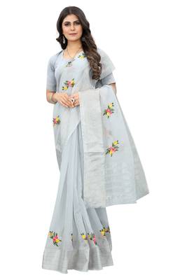 Grey embroidered cotton saree with blouse 4