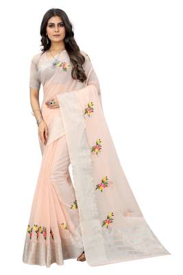 Pink embroidered cotton saree with blouse 1