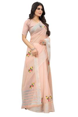 Pink embroidered cotton saree with blouse 4