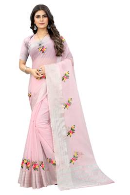Pink embroidered cotton saree with blouse 1